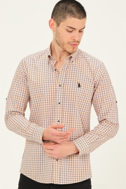 Men's Classic Collar Long Sleeve Geometric Patterned 100% Cotton Shirt Navy Blue-Orange G757