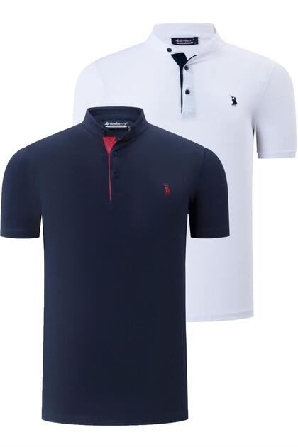 Erkek Pamuklu T-Shirt 2'li Set Beyaz-Lacivert T8560