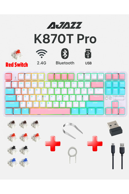 Ajazz K870T Pro 3 Modlu Hot-Swap RGB, Mekanik Klavye - Beyaz