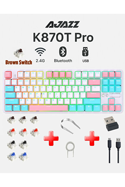 Ajazz K870T Pro 3 Modlu Hot-Swap RGB, Mekanik Klavye - Beyaz