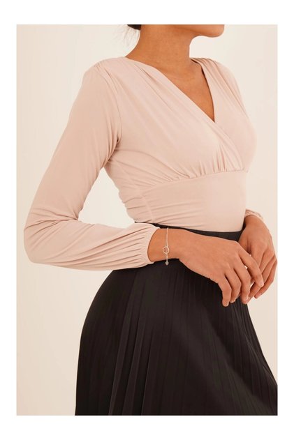 23254223 Sandy Double Breasted Collar Gathered Padded Long Sleeve Blouse TAS