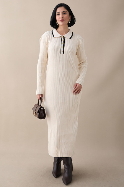 Women's Shirt Collar and Piped Knitwear Corded Fabric Dress