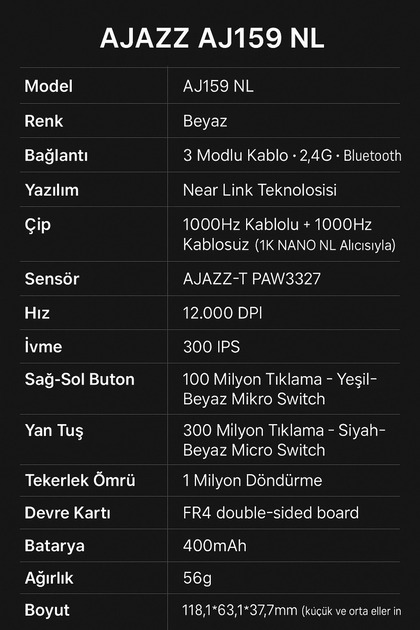 Ajazz Aj159 NL Near-link 3 Modlu 1000hz 12.000 Dpı 800 Mah Batarya