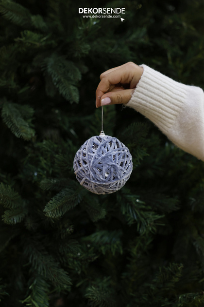 New Year's Ornament Glittery White Stripe 2-Piece Ball Gray 10 cm