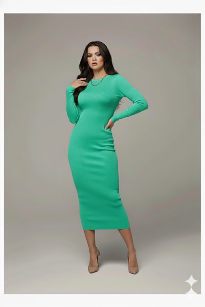 Women's Green Crew Neck Camisole Fabric Long Sleeve Pencil Dress Hijab Suitable Length cm135 cm