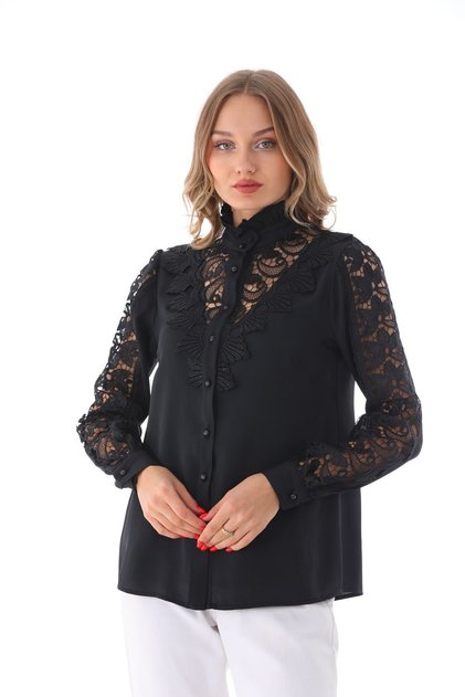 Women's Embroidery Lace Garnished Crepe Shirt G0036 Plus Size