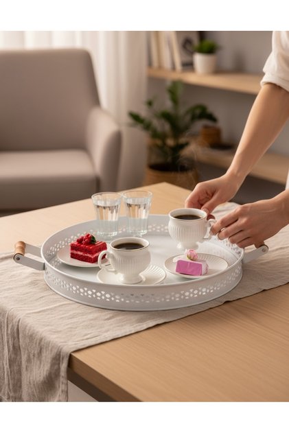 Wrought Iron Patterned Metal Tray with Wooden Handle