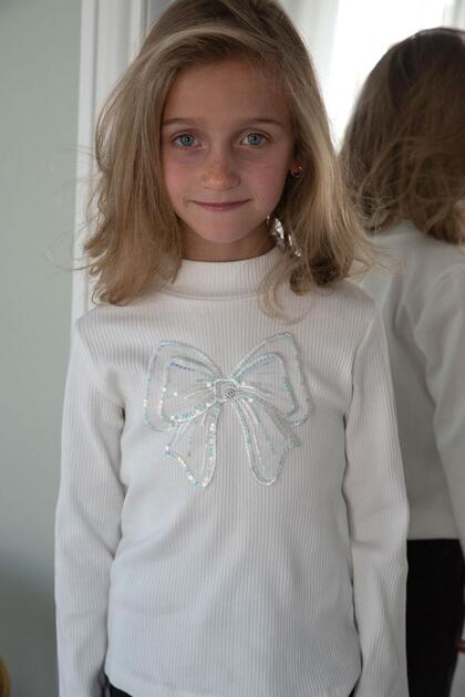 Girl's Long Sleeve T-Shirt with Tulle Bow Embroidery, Ages 8-14, Ecru
