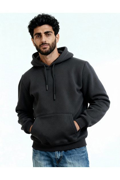 Füme Erkek 3 İp Oversize Geniş Kalıp Kapüşonlu Kanguru Cepli Sweat Yumuşak Puf Kumaş