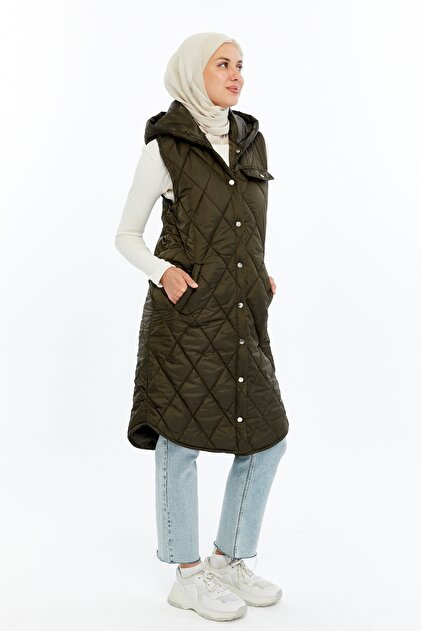 Women's Hooded Long Snap Fastener Inflatable Filling Vest