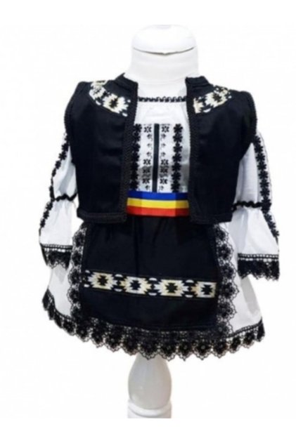 Costum traditional fete cu vesta, alb/negru