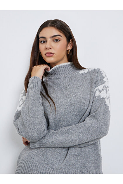 Grey Regular Fit Fair Isle Knit Sweater
