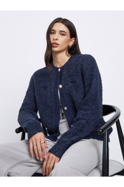 Navy Blue Regular Fit Mixed Yarn Cardigan