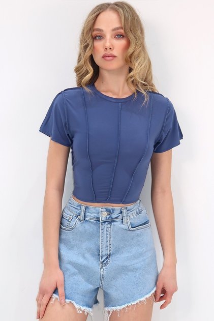 Indigo Crew Neck Front Stitched Crop Sandy Blouse Alc-X11782