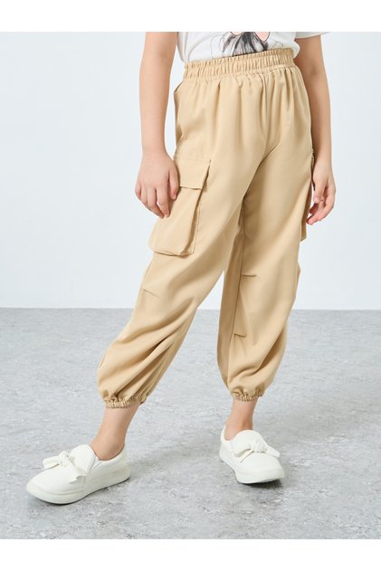 Beige Solid Cargo Pocket Joggers with Elasticated Waistband