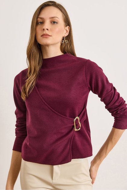 Women's Burgundy Mock Neck Accessory Detailed Flowy Thessaloniki Blouse Blz-19003163