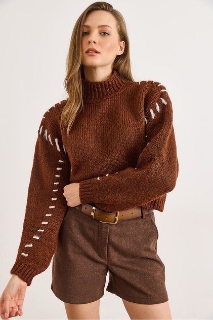 Women's Brown Stitching Detailed Soft Textured Knitwear Sweater Kzk-19001051