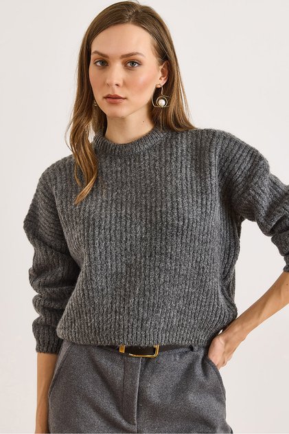 Women's Smoked Soft Textured Balloon Sleeve Thick Knit Sweater Kzk-19001037