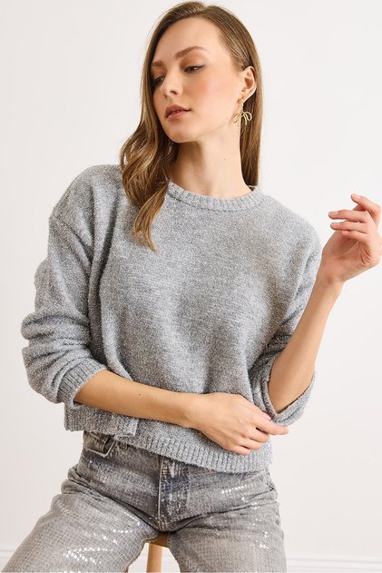 Women's Gray Crew Neck Glitter Drawstring Knit Sweater Kzk-19001048