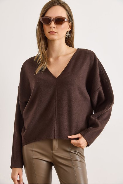 Women's Brown V-Neck Stitching Detail Flowy Thessaloniki Blouse Blz-19003166
