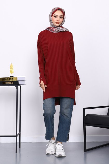 Burgundy Short Front Long Back Knit Tunic