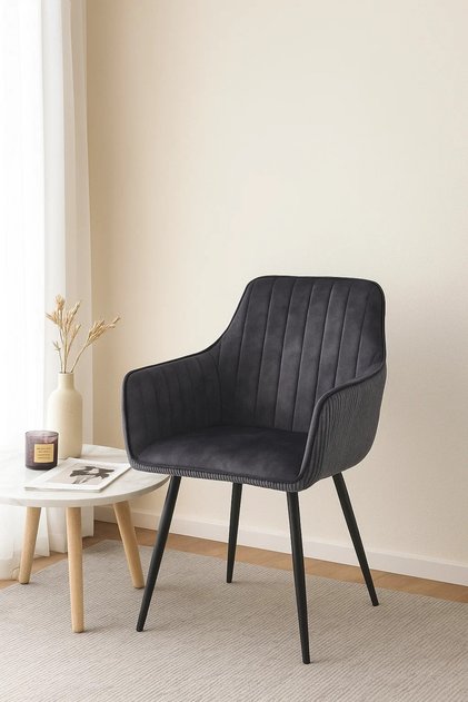 Modern Dark Grey Velvet Armchair – Stylish Fabric Dining & Office Accent Chair for Living Room