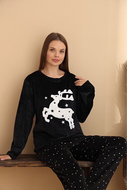 Samt-Winter-Rentier-Damen-Pyjama-Set