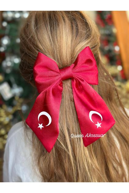 Red Satin Tail Bow with Moon and Star Turkish Flag Pattern Automatic Clip School Holiday Buckle