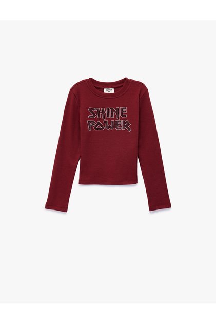 Stone Detailed Crew Neck Long Sleeve Printed Cotton T-Shirt