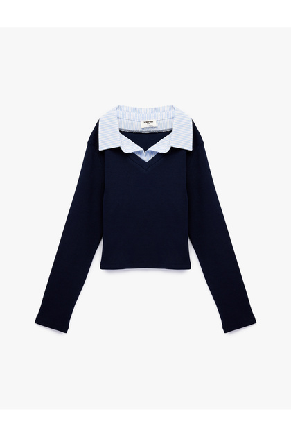 Cotton Long-Sleeve V-Neck T-Shirt with Shirt Collar Detail