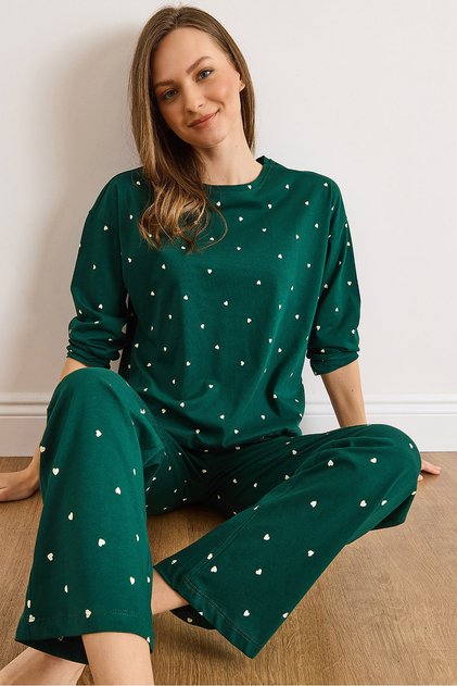Women's Green Heart 100% Cotton Long Sleeve Pajama Set Pjm-00000024
