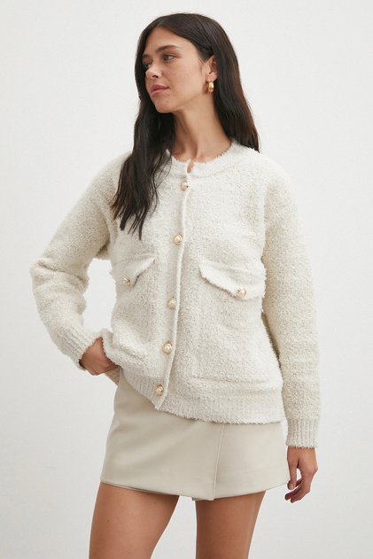 Buttoned Glitter Cardigan with Pockets Ecru