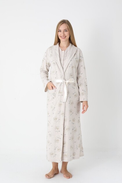 Women's Beige Jacquard Patterned Shawl Collar Lace Full Length Winter Maternity Nightgown-Dressing Gown Set