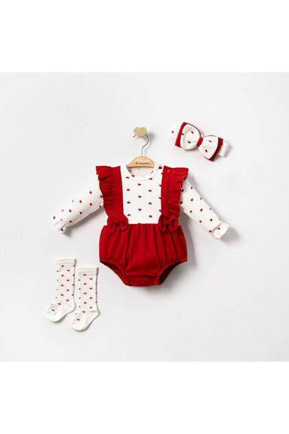Ruffled Heart Baby Romper Bodysuit Baby Girl Set Including Bandana Socks 3-Piece Set
