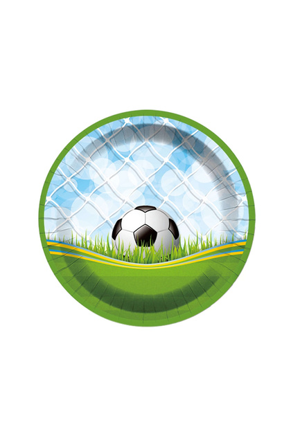 Set de 8 farfurii pentru tort, 23 cm, verde/albastru/alb/negru/galben, minge de fotbal