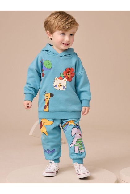 Pamuklu Mavi Baskılı Kapüşonlu Sweatshirt Uzun Kollu Alt Üst Takım