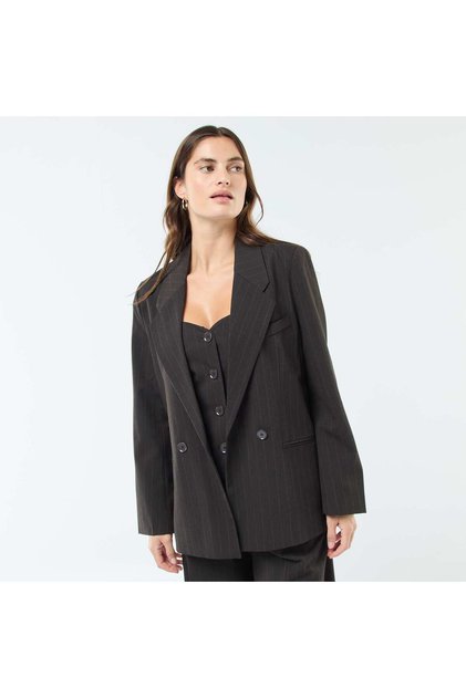 Oversized Striped Blazer with Button Closure BROWN