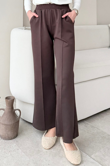 Kadın Çimalı Beli Lastikli Cepli Scuba Kumaş Tesettür Pantolon- Acı Kahve