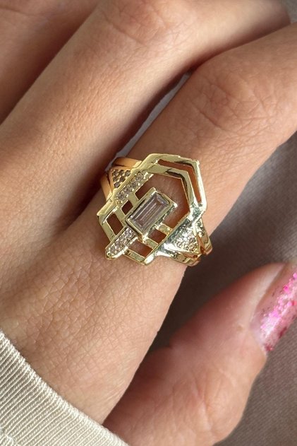 Gold Color Stone Detailed Adjustable Ring