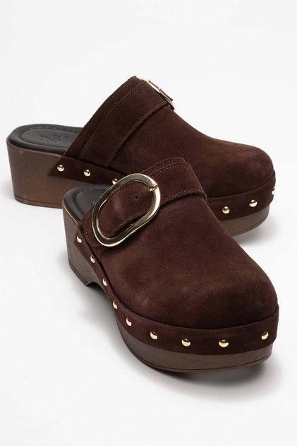 Sylive women's genuine leather clog slippers - coffee suede