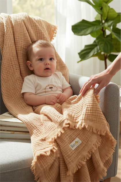 Beige 100% Cotton 4 Layer Muslin Baby/Child Blanket 110X110