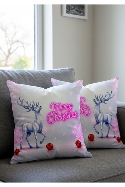 Merry Christmas Neon Pink Written Deer Patterned Digital Printed New Year Set of 2 Throw Pillow Covers