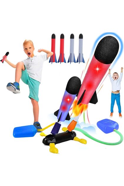 Toy Rocket Launcher for Kids - Stomp Toy Rocket with 6 Foam Rockets 2 Launchers
