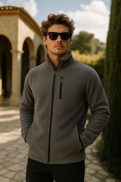 Men's Thick Zippered Winter Smoked Fleece Jacket with Pockets