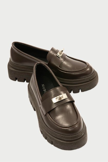 Women's Leather Loafer Thick Comfort Sole Metal Buckle Brown Vareen
