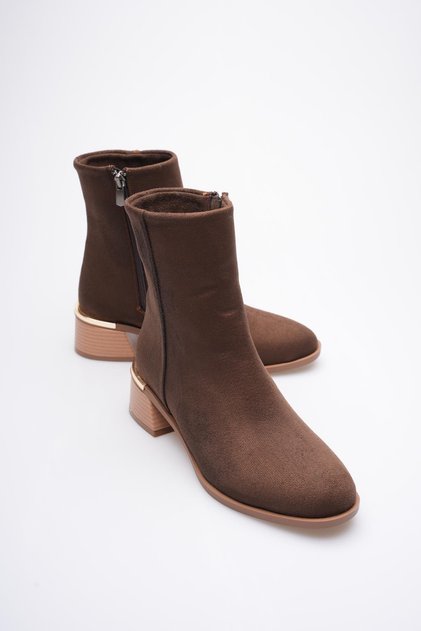 Women's Suede Boots Heeled Gold Detailed Zippered Brown Elaris