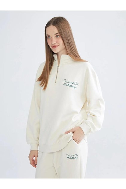 Mock Neck Embroidered Oversized Women's Thick Sweatshirt (W5)