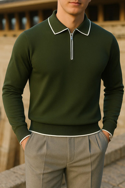 Men's Striped Trend Long Sleeve Khaki Polo Neck Sweater