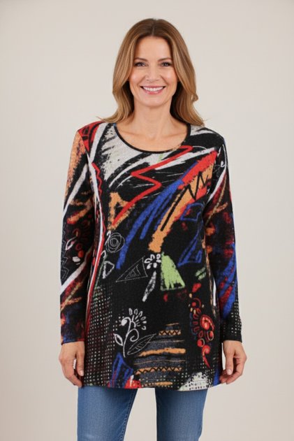 Women's Plus Size Stretch Fabric Crew Neck Mix Patterned Soft Long Sweater Mother Blouse