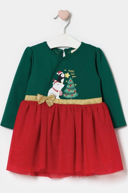 Green Pine Tree Printed Baby Girl Dress with Tulle Skirt - Betty